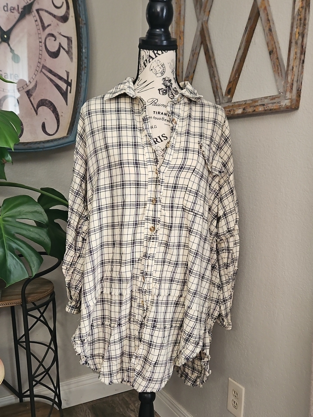 Oversized Cream Plaid Flannel Button-Front Shirt